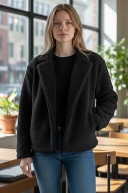 14th & Union Jacket Black Faux Shearling Open Front Size S Fuzzy Comfy Coat